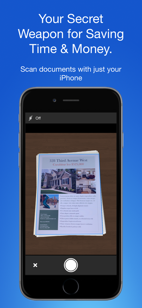 不動産文書をキャプチャしているスマートPDFドキュメントスキャナーアプリが表示されたiPhone画面