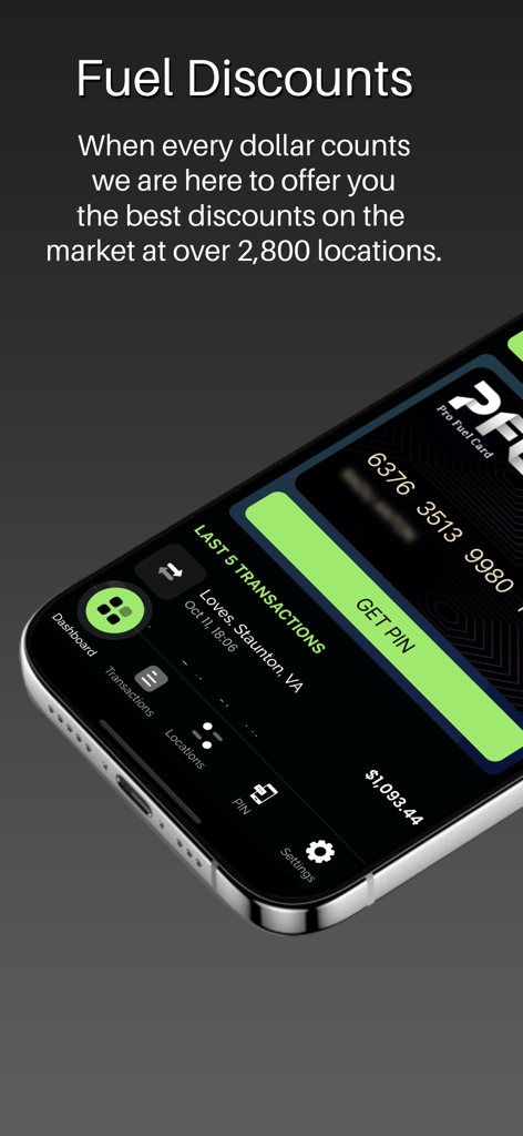 Pro Fuel Card - Pro Fuel Card mobile app showing fuel discount information and transaction history on a smartphone screen.