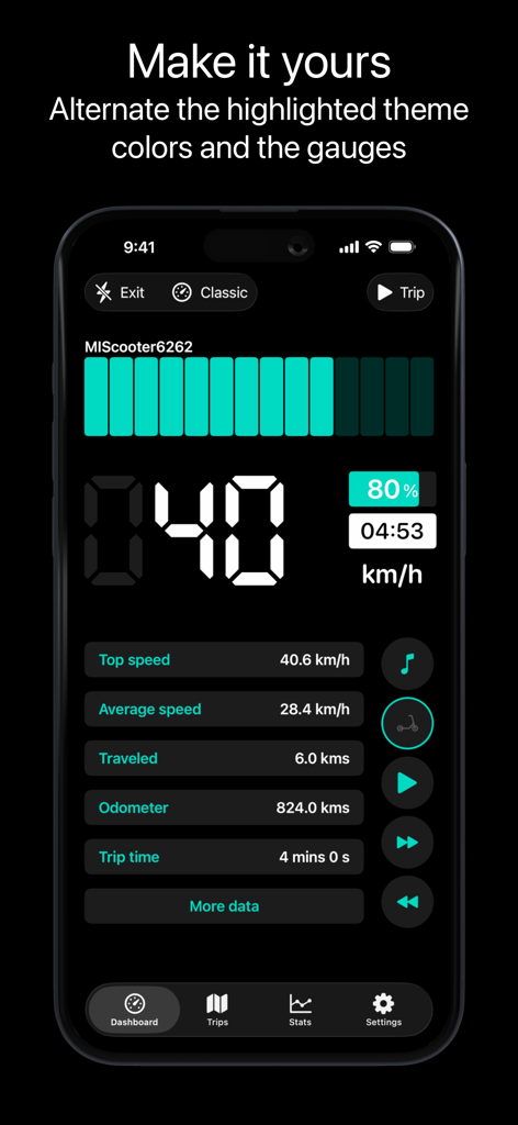 Tableau de bord de l'application Scooter Tools montrant les couleurs du thème personnalisables et les métriques de performance du scooter en mode sombre.