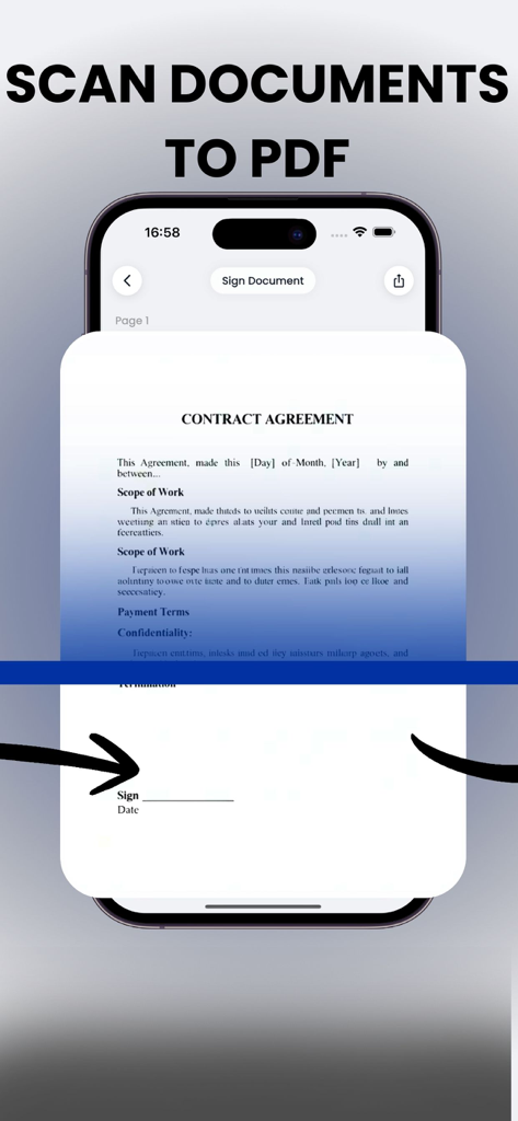 InkSign: Signature Maker - InkSign app interface scanning a contract agreement to PDF