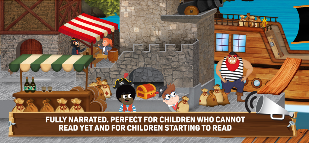 How did Pirates Live? - Eine cartoonhafte Piratenhafenszene mit Charakteren und einem Holzschild, das erklärt, dass die App für Leseanfänger vollständig kommentiert ist.