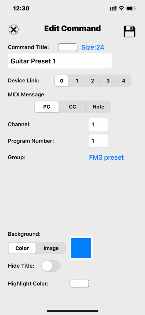 MC Pad - Bluetooth MIDI - Interface of the MC Pad app showing the Edit Command screen for configuring MIDI PC messages and button appearance.