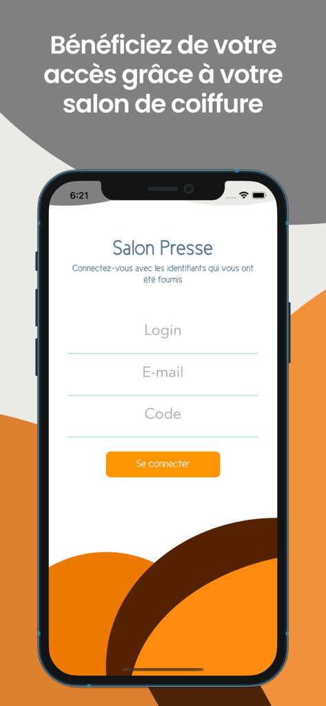 Login screen of the Salon Presse app where users enter credentials provided by their hair salon to access digital magazines
