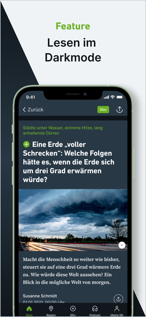 Mobile Nachrichten-App-Oberfläche mit einem Artikel über den Klimawandel im Dark Mode