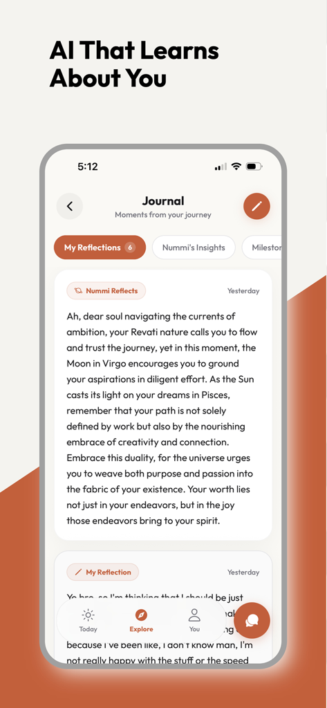 Nummi AI - A smartphone screen showing the Nummi AI app journal feature where users can see personalized spiritual reflections and cosmic guidance based on their journal entries.
