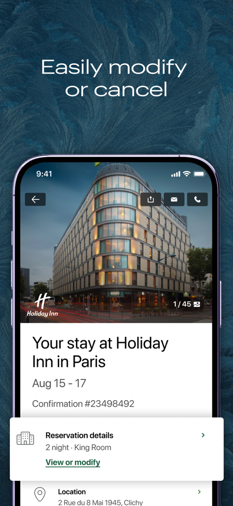 Interface do aplicativo IHG One Rewards mostrando uma reserva de hotel para o Holiday Inn em Paris com opções para modificar ou cancelar