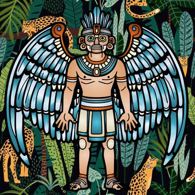 a human representing quetzalcoatl facing forward and full body