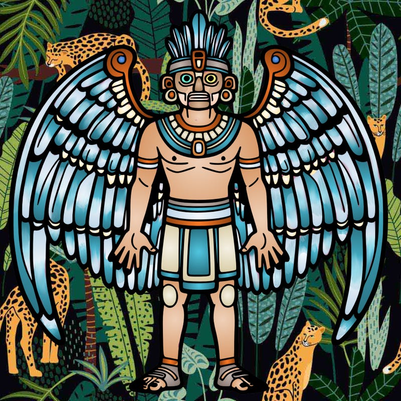 a human representing quetzalcoatl facing forward and full body