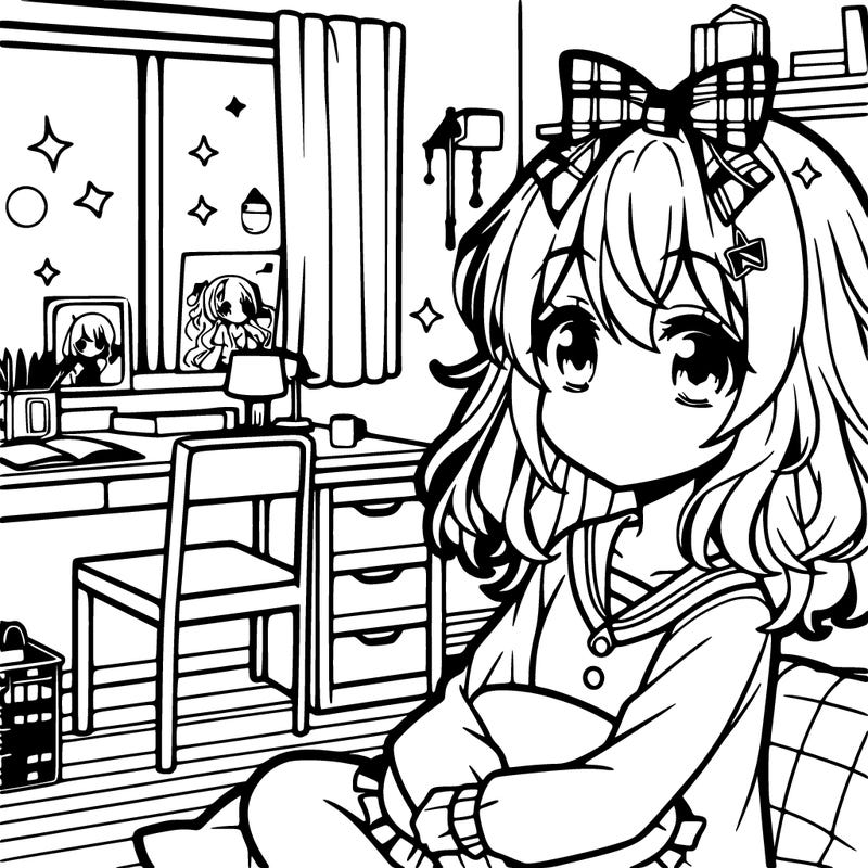 anime girl drawing in her room