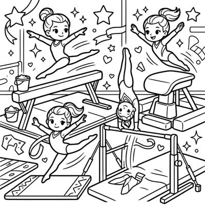 Get ready to flip for this exciting gymnastics coloring page, perfect for young athletes and aspiring gymnasts! Dive into a world of balance beams, vaults, and uneven bars, bringing each dynamic routine to life with your favorite colors.