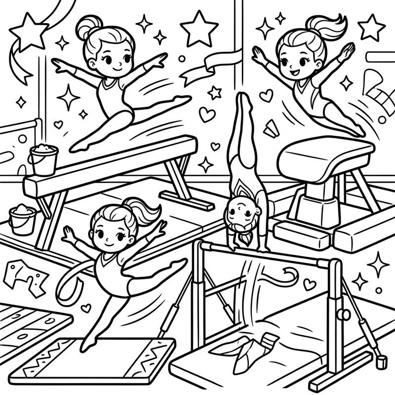 Get ready to flip for this exciting gymnastics coloring page, perfect for young athletes and aspiring gymnasts! Dive into a world of balance beams, vaults, and uneven bars, bringing each dynamic routine to life with your favorite colors.