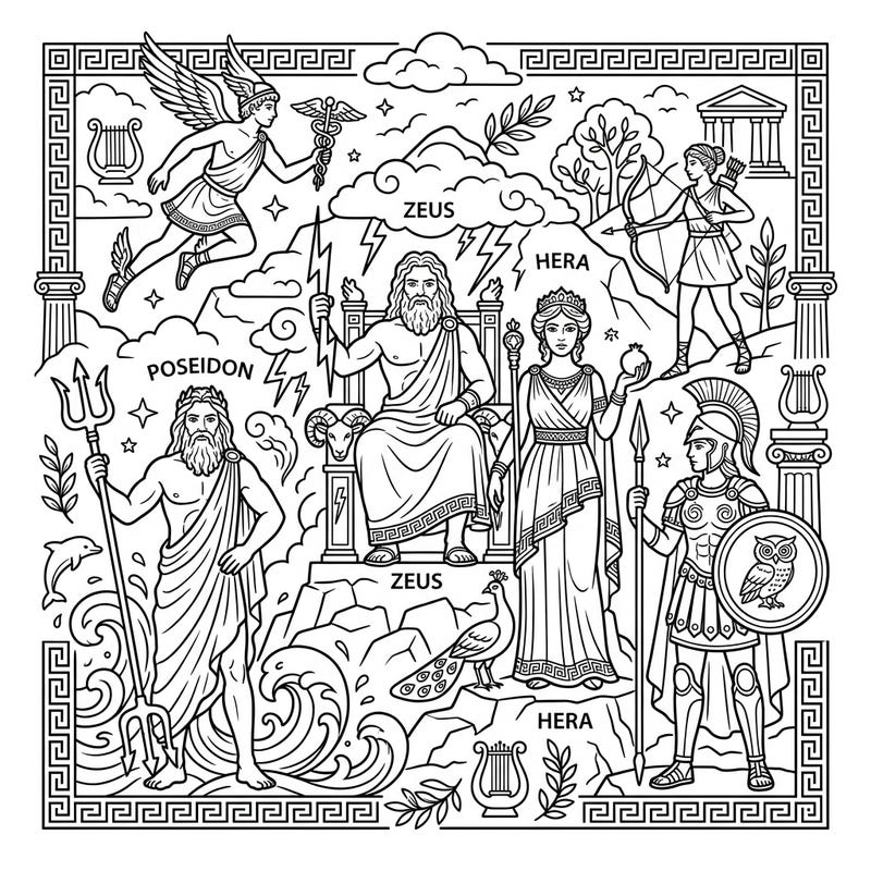 Explore the majestic world of ancient Greek mythology with this detailed coloring page featuring powerful gods and goddesses. Bring to life iconic figures like Zeus, Hera, and Poseidon with your unique color palette.