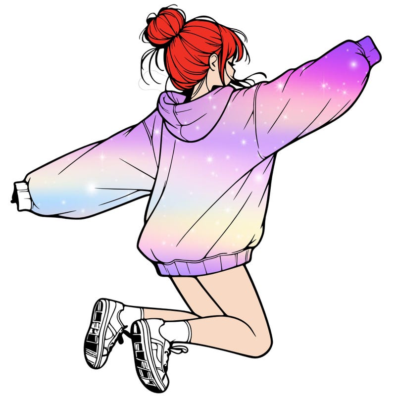 realistic girl jumping with a bun and oversized sweatshirt