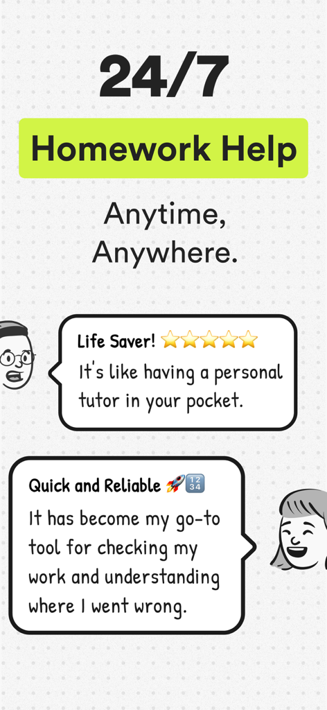 AI Homework Helper app screenshot showing user testimonials about 24/7 academic assistance and personal tutoring