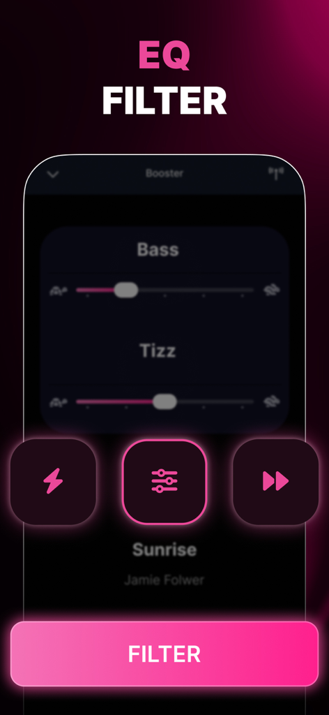 Bass Booster - Equalizer - Interfaz de filtro de ecualización de la aplicación Bass Booster mostrando deslizadores de ajuste de graves y agudos