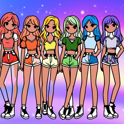 a group of girls wearing crop tops and shorts