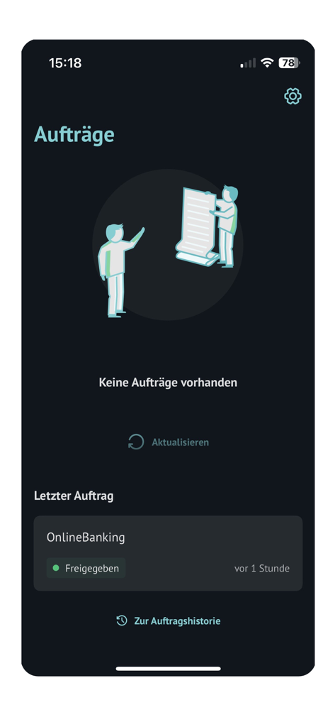 BBBank SecureGo+ - Der Bildschirm mit den Transaktionsaufträgen der BBBank SecureGo plus App zeigt die jüngste Online-Banking-Aktivität im Dark Mode an.