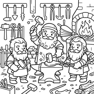 Step into a charming blacksmith's workshop with this delightful Kawaii Dwarf Blacksmiths coloring page. Watch as these adorable, stout craftsmen hammer away at their anvils, ready for you to bring their world to life with vibrant colors.