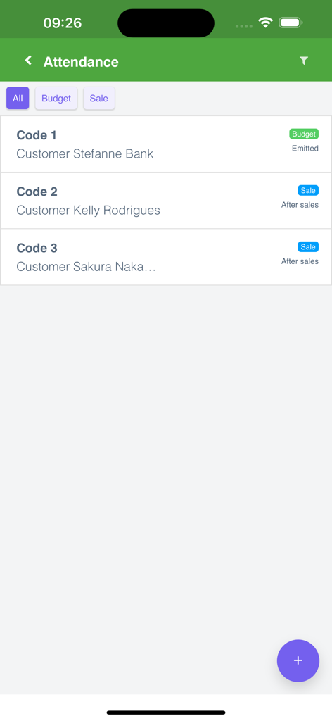 Tela de gerenciamento de frequência mostrando registros de clientes com status de orçamento e vendas