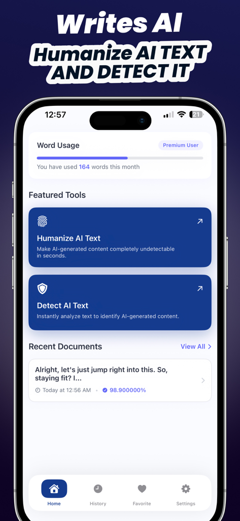 W. Writes AI app dashboard featuring humanize and detect AI text tools