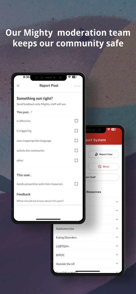 A screenshot of The Mighty app showing community moderation tools and support resources for user safety