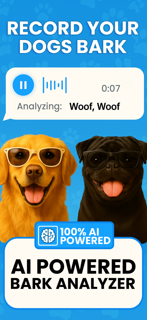 Interface of a mobile app showing an AI powered dog bark analyzer with two dogs wearing sunglasses
