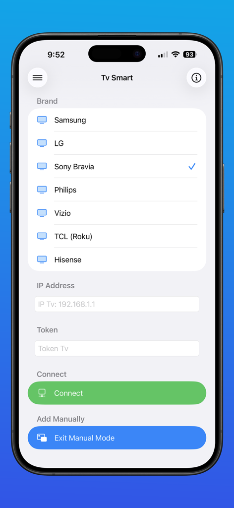 Smart TV Remote IP WIFI PRO - Manual connection setup screen for Smart TV Remote app with TV brand selection and IP address entry