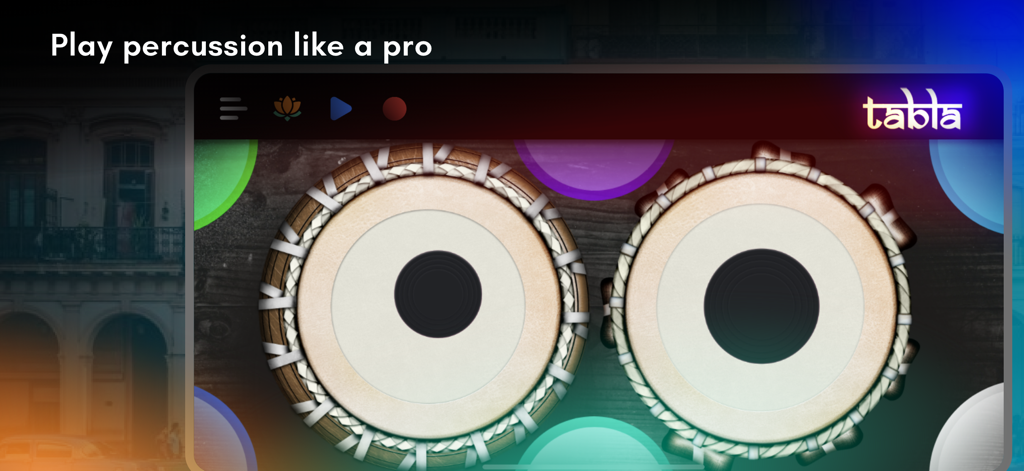 Interfaz de la aplicación Tabla que muestra dos tambores indios tradicionales para tocar percusión