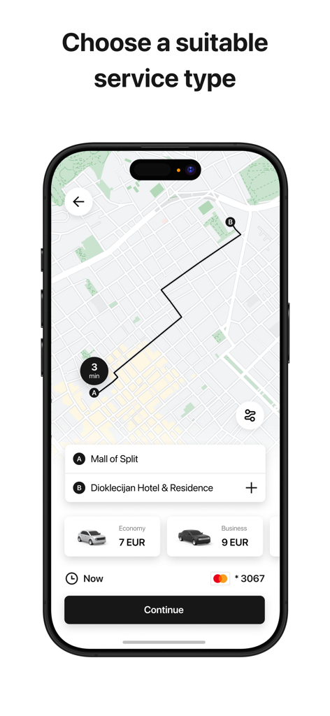 Brko - Croatian Taxi App - Brko taxi app screen showing service types and prices for a trip in Split