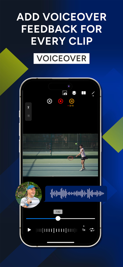 UView: AI Sports Video Coach - A screenshot of the UView app demonstrating the voiceover feedback feature on a tennis practice video.