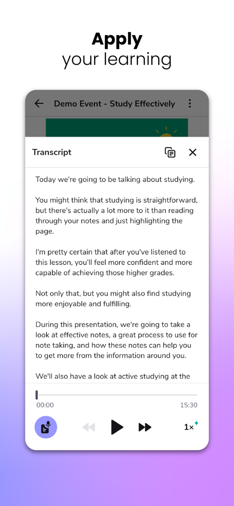 Genio Notes - Interfaz de la aplicación móvil Genio Notes que muestra la transcripción de una clase con controles de reproducción de audio