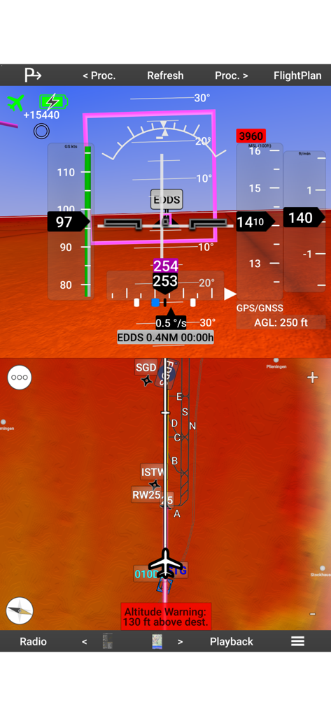 Interface of Horizon Portable Glass Cockpit app showing 3D synthetic vision and moving map navigation for pilots