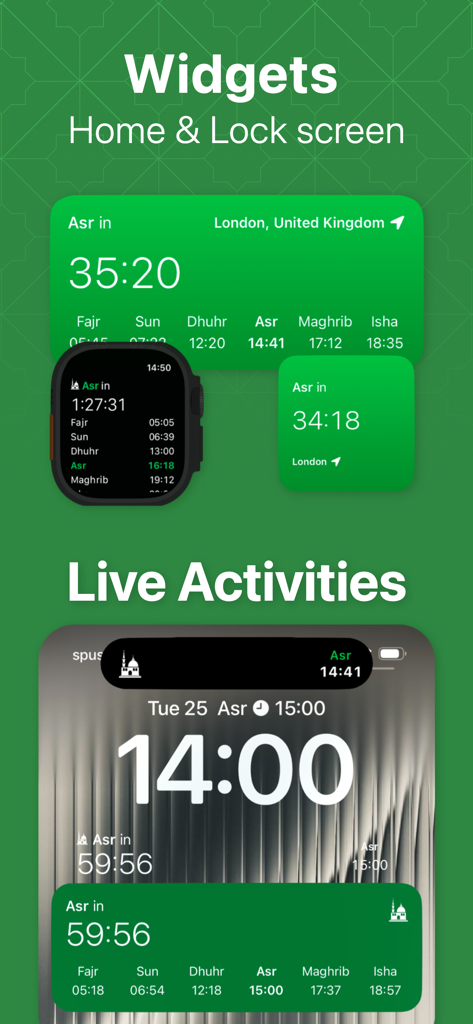 Widget e attività in tempo reale dell'app Namaz che mostrano i conti alla rovescia degli orari di preghiera su iPhone e Apple Watch