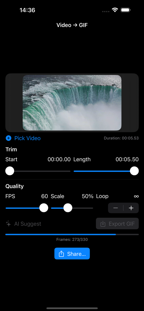 Interface do aplicativo GIF Maker Pro com controles deslizantes de edição de vídeo para corte e configurações de qualidade em um clipe de cachoeira