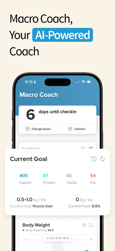 A preview of the My Macros Plus app showing the AI powered Macro Coach feature and nutritional goal dashboard