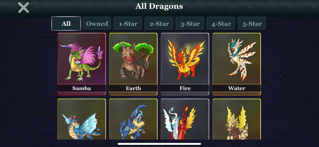 Dragon Village -A City Builder - A menu in the Dragon Village app showing a collection of different elemental dragons like Samba, Earth, Fire and Water