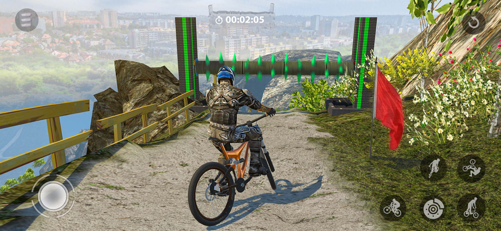 Bicycle Stunts: BMX Bike Games - BMX bike rider on a mountain trail overlooking a city