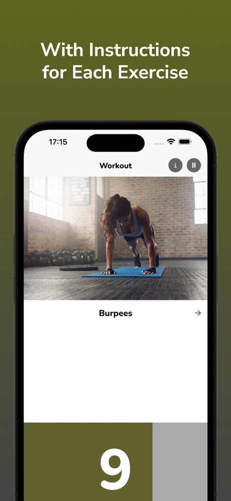 Interfaz de aplicación de fitness de estilo militar con tutorial de ejercicio de burpee y temporizador de cuenta regresiva