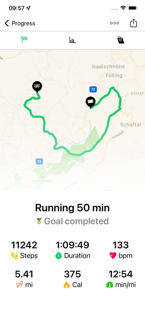 Workout summary screen showing a completed run with GPS map and fitness data