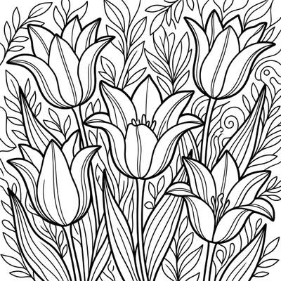 Dive into a garden of creativity with this delightful lily-flowered tulips coloring page designed for young artists. Its balanced lines and charming details are perfect for children aged 4-8 to enjoy.