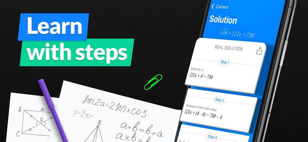 SnapCalc app displaying step by step math problem solutions on a smartphone