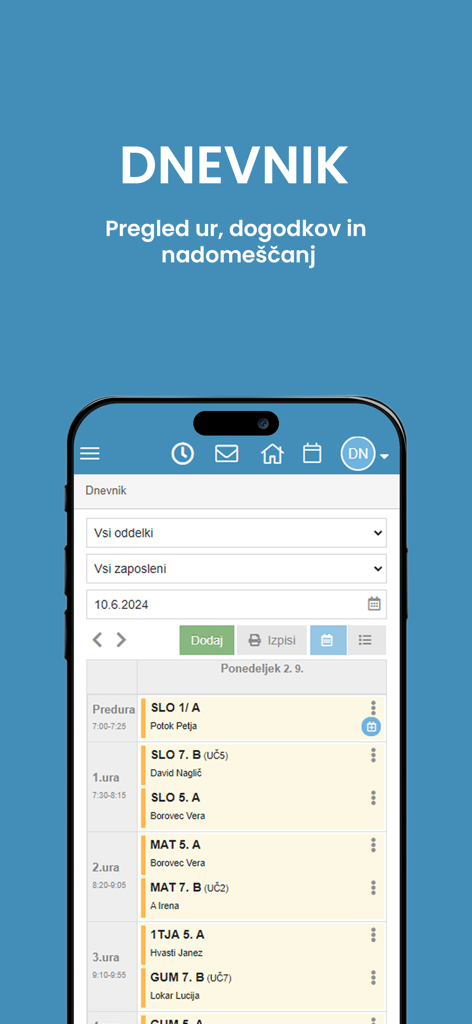 Lopolis - Interfaccia dell'app mobile Lopolis che mostra un diario scolastico e l'orario delle lezioni giornaliere per gli insegnanti.