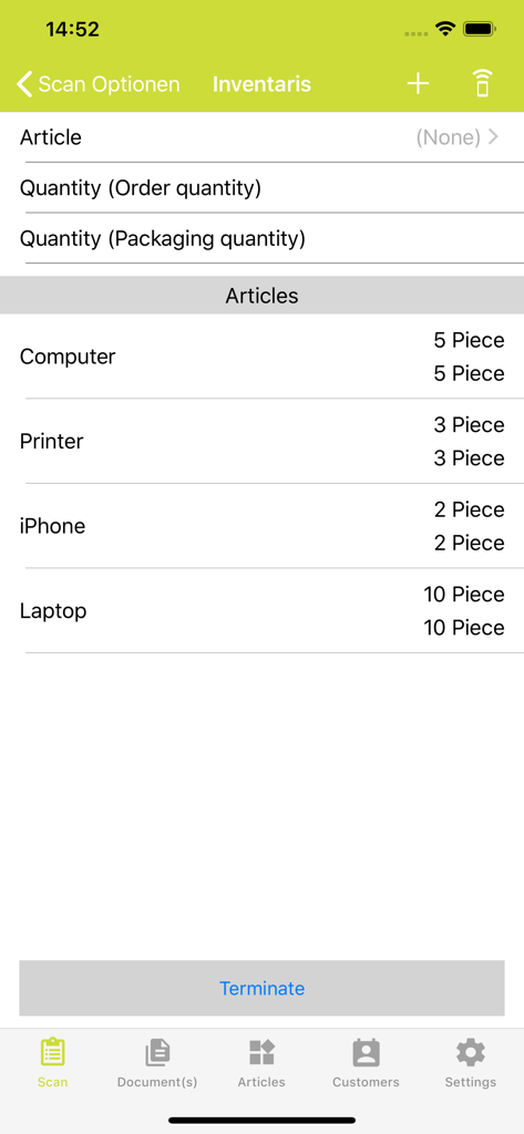 Trade-in - Mobile Benutzeroberfläche der Trade-in-App, die eine Inventarliste mit Lagerbeständen für elektronische Hardware wie Computer und Laptops anzeigt.