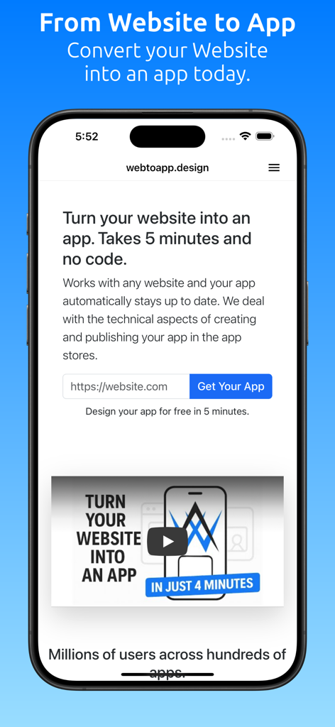 webtoapp.design - コードなしで5分でウェブサイトをモバイルアプリに変換するためのwebtoapp.designインターフェースを表示するスマートフォン画面