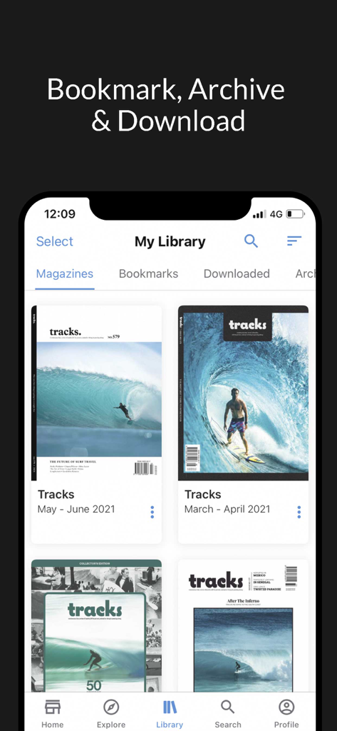 Tracks Magazine - Smartphone screen showing the My Library section of the Tracks Magazine app with surfing magazine covers