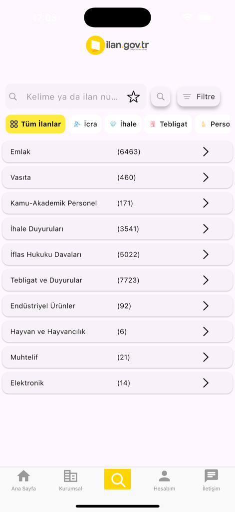 Resmi ilanlar - Home screen of the Resmi ilanlar mobile app showing official notice categories like Real Estate and Tenders