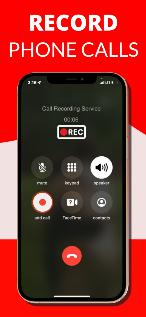 iCall Recorder: Tape A Call - Interfaz de grabación de llamadas telefónicas activa en un iPhone con un botón REC rojo