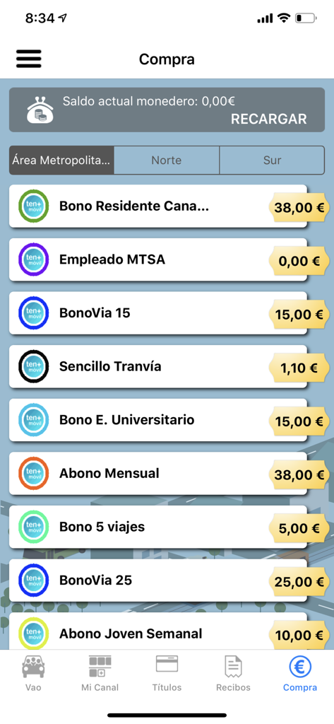 Pantalla de compra de la aplicación Via-Movil para billetes de transporte de Tenerife