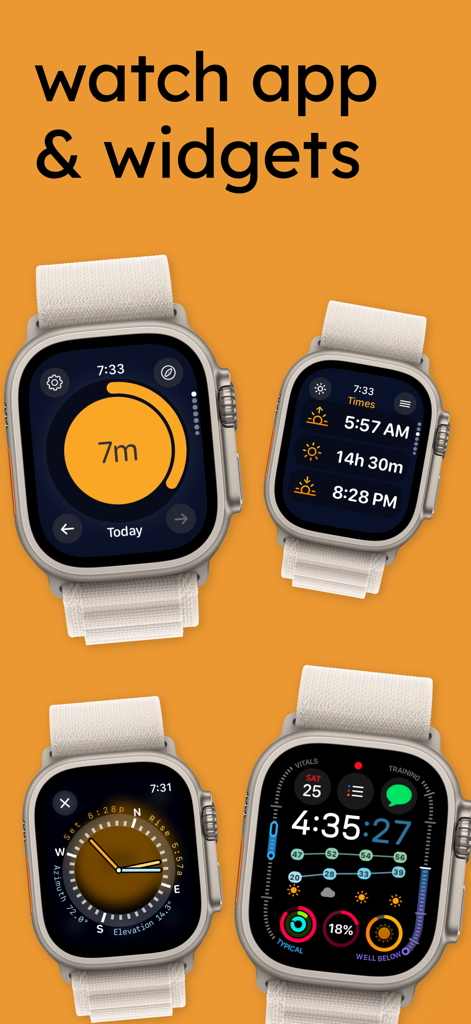 Daylight Goals Sunlight Timer - Four Apple Watch screens displaying the Daylight Goals app features including a sunlight timer, sun times, sun compass, and health widgets.