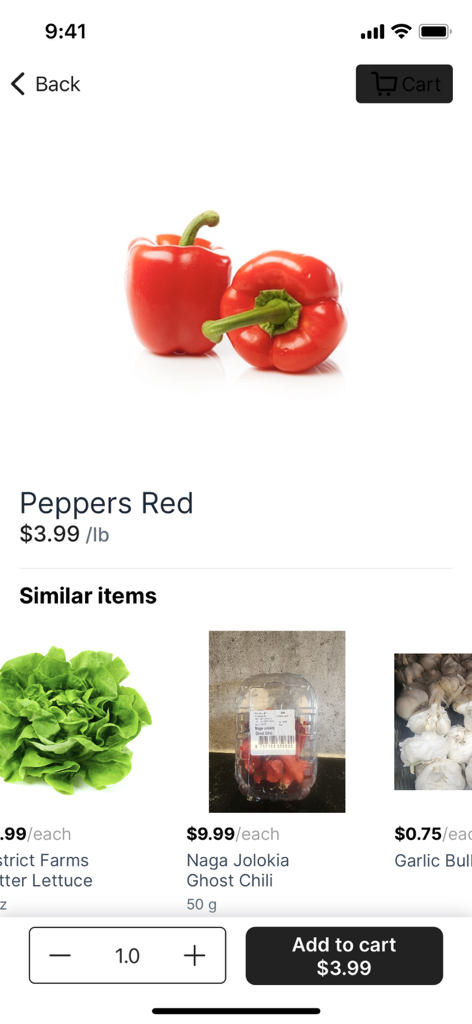 Tela do aplicativo móvel mostrando pimentões vermelhos à venda com itens de produtos frescos semelhantes.